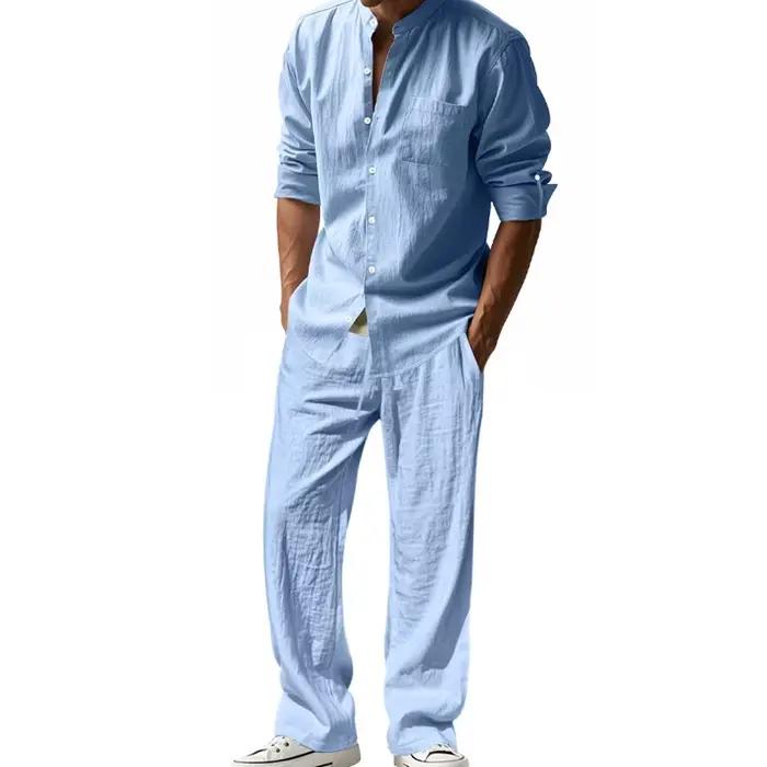 Survêtement 2025 saisons lin hommes décontracté ample respirant à manches longues pantalon chemise plage ensemble en Stock vêtements masculins grande taille