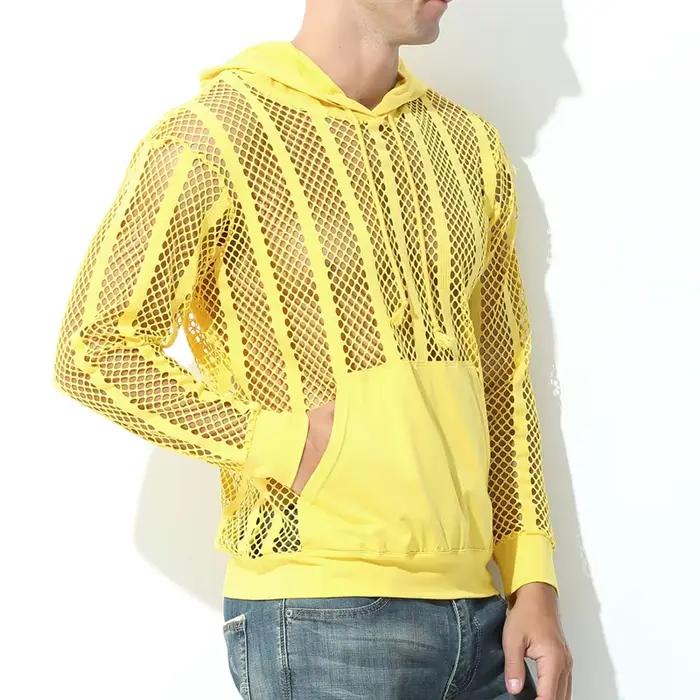 Hommes sous-vêtements à capuche Sexy maille transparente chemises résille évider t-shirts Sport Fitness discothèque