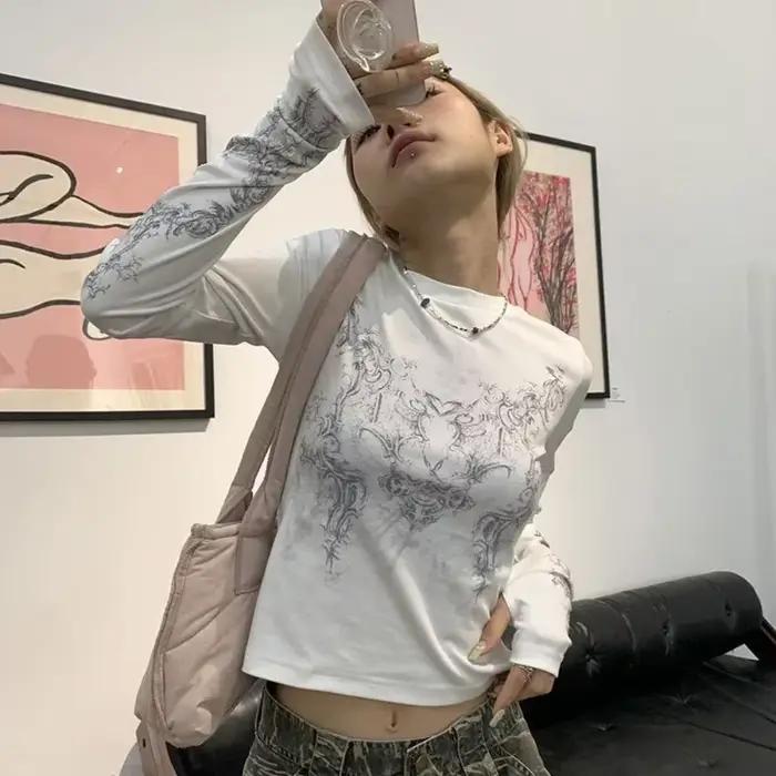 Vintage femmes vêtements Y2K T-shirts 2023 Blusas col rond à manches longues imprimé tunique femme