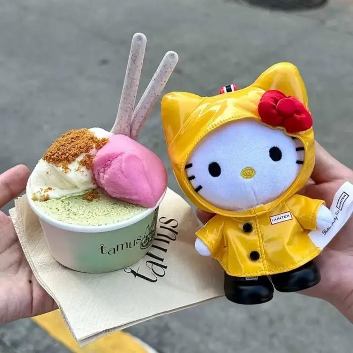 Porte-clés peluche Hello Kitty mignon en forme de veste de pluie jaune, pendentif de sac, ornements, cadeau