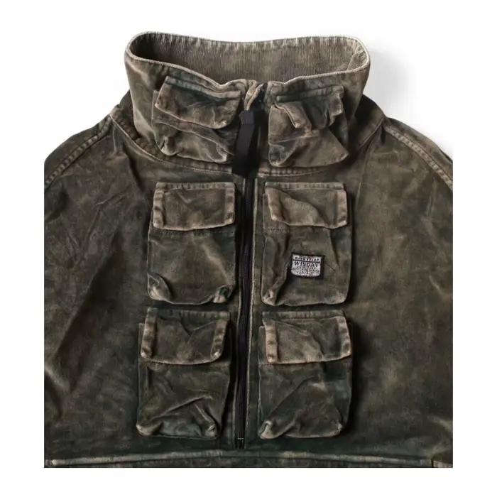 Veste décontractée à manches longues, style japonais, en batik délavé, effet vieilli, multi-poches