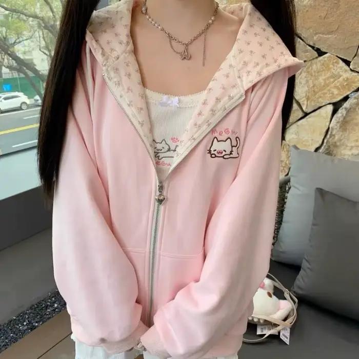Rose Floral mignon chat broderie à capuche femmes Kawaii à manches longues sweat filles automne décontracté fermeture éclair Cardigan veste 2025 nouveau