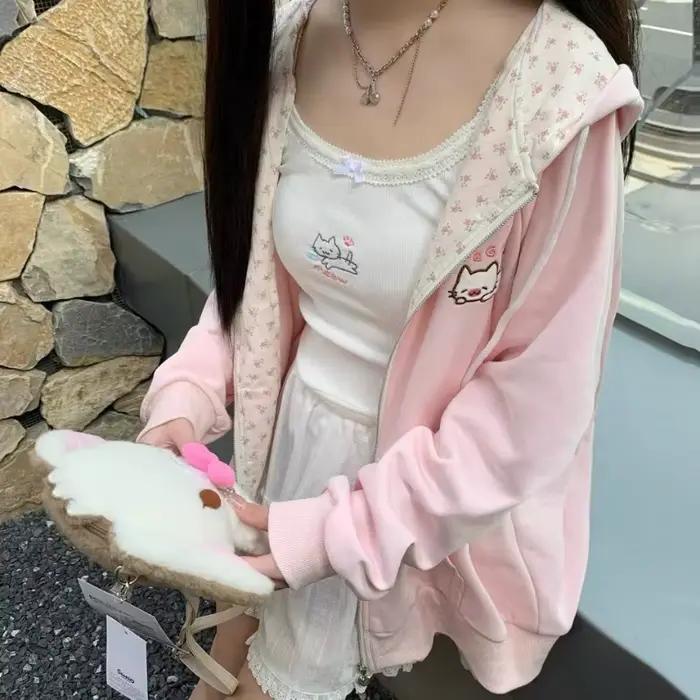 Rose Floral mignon chat broderie à capuche femmes Kawaii à manches longues sweat filles automne décontracté fermeture éclair Cardigan veste 2025 nouveau
