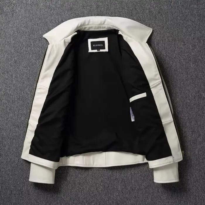 Veste en cuir véritable pour hommes veste en peau de veau à revers blanc manteau en peau de vache naturelle pour hommes coupe ajustée couche supérieure veste de motard en peau de vache