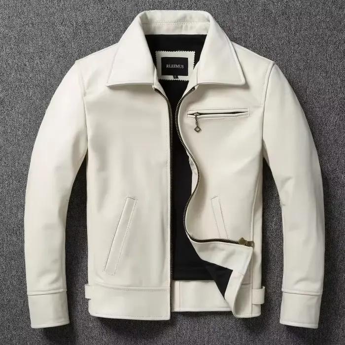 Veste en cuir véritable pour hommes veste en peau de veau à revers blanc manteau en peau de vache naturelle pour hommes coupe ajustée couche supérieure veste de motard en peau de vache