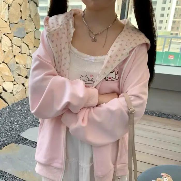 Rose Floral mignon chat broderie à capuche femmes Kawaii à manches longues sweat filles automne décontracté fermeture éclair Cardigan veste 2025 nouveau