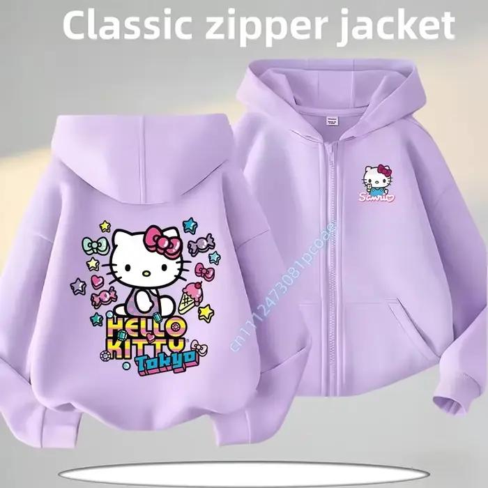 Veste décontractée pour fille avec imprimé de dessin animé Hello Kitty pour l'automne et l'hiver, chemise à capuche avec fermeture éclair pour enfants, chemise de sport pour garçon
