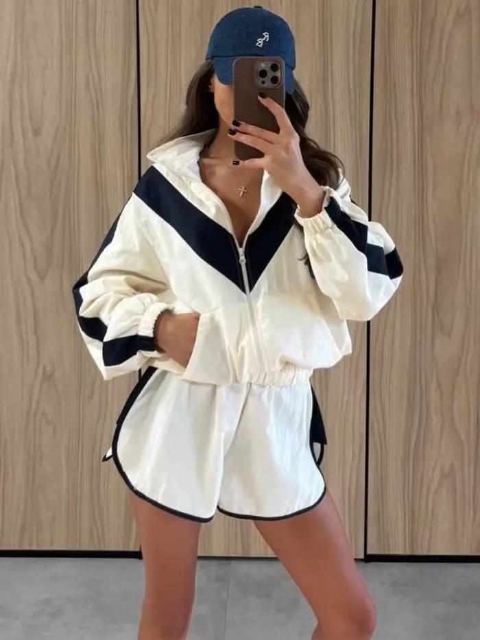 Ensemble de survêtement décontracté pour femme, coupe-vent bleu marine à rayures chevron, veste courte zippée et short à bordure contrastante, idéal pour le sport quotidien, le jogging et le style urb