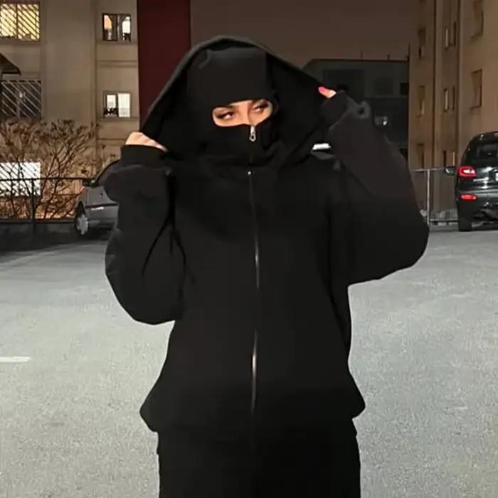 Y2K Ninja Harajuku sweat à capuche zippé chaud Double couche veste froide à la mode motif brodé français décontracté gothique hommes femmes haut