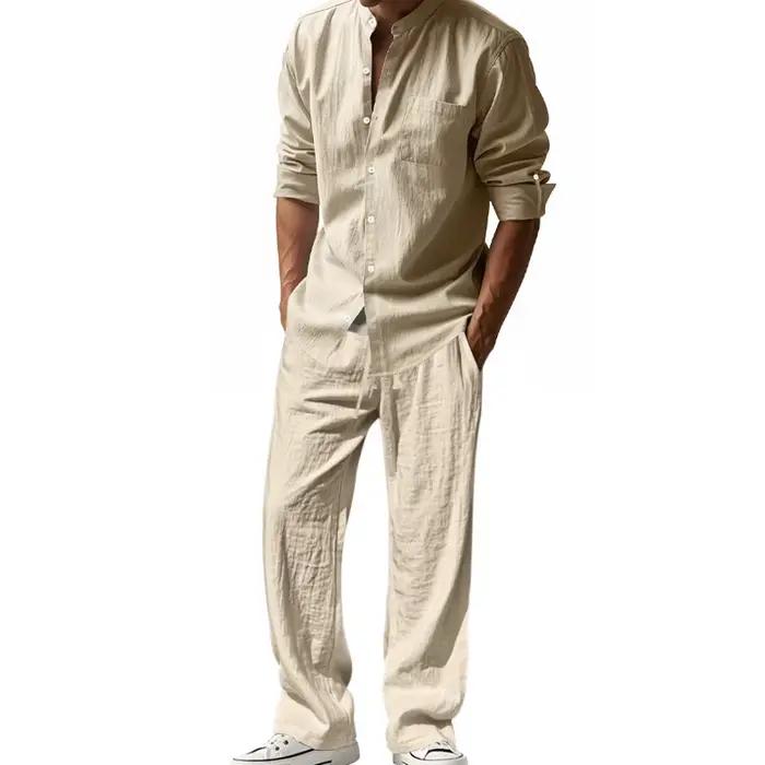 Survêtement 2025 saisons lin hommes décontracté ample respirant à manches longues pantalon chemise plage ensemble en Stock vêtements masculins grande taille