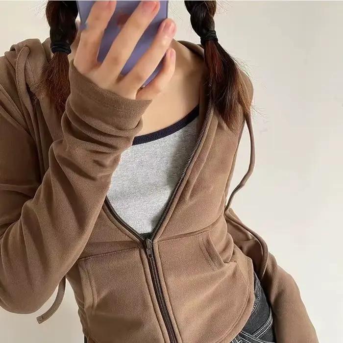 Veste courte à capuche zippée pour femme, style Y2K, streetwear, sport, printemps automne, polyester coton, col en V, poches pratiques, taille large, multiple couleurs, pour femmes adultes