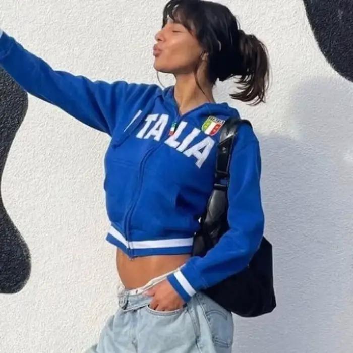 ITALIA veste brodée à capuche automne rétro mode sweat à capuche avec fermeture éclair femmes hommes Streetwear Hip Hop décontracté sweat-shirt zippé manteau