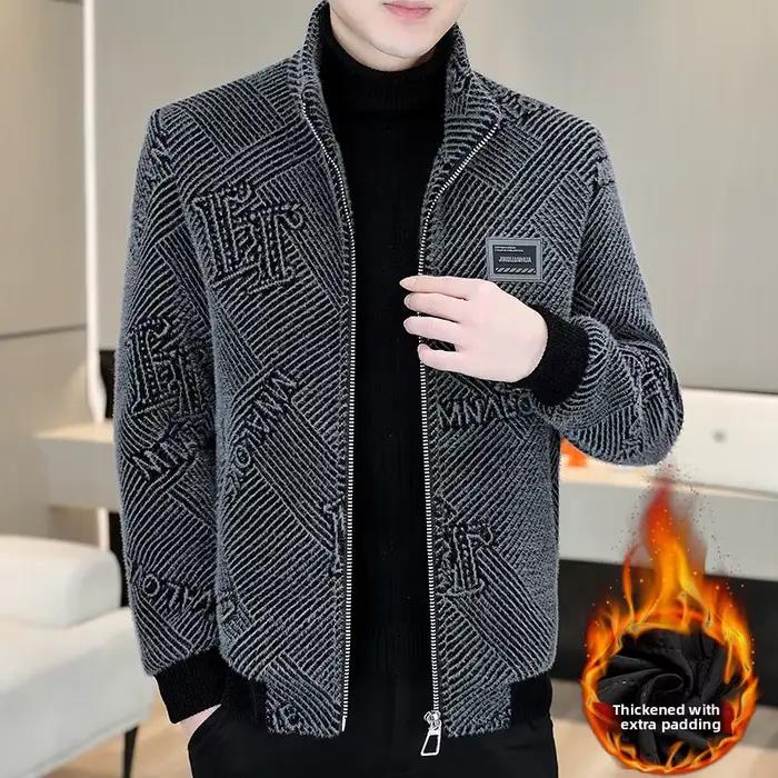 Veste en velours de vison doré pour homme, col montant, manteau en laine, automne-hiver, court, épais, en fibre de polyester, fermeture éclair, décontracté, affaires