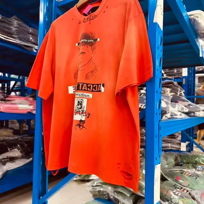 T-shirt vintage pour homme des années 90, rouge, délavé à l'acide, effet usé, surdimensionné, PALY, tee-shirt graphique rétro avec portrait