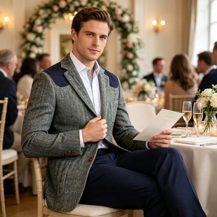 Blazer en tweed pour homme, mélange de laine à chevrons, écussons en velours aux épaules, coupe ajustée, veste de costume formelle, style britannique, manteau sport vintage