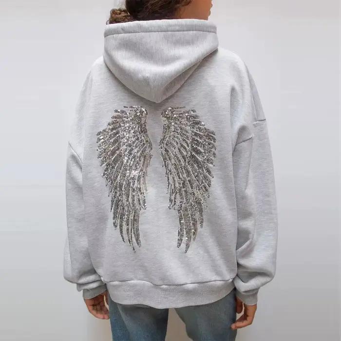 Sweatshirt à capuche rétro-futuriste pour femmes avec ailes brillantes, streetwear vintage, tenue Y2K, pull automne 2025 pour occasions spéciales