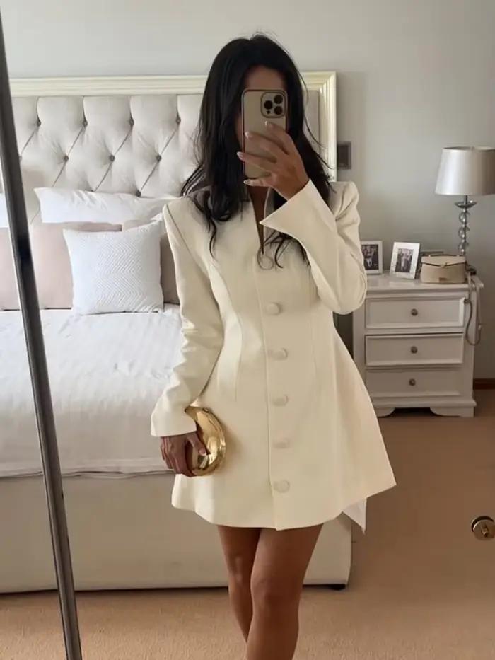 Femmes Chic solide a-ligne Mini robes élégant simple boutonnage col en V manches longues