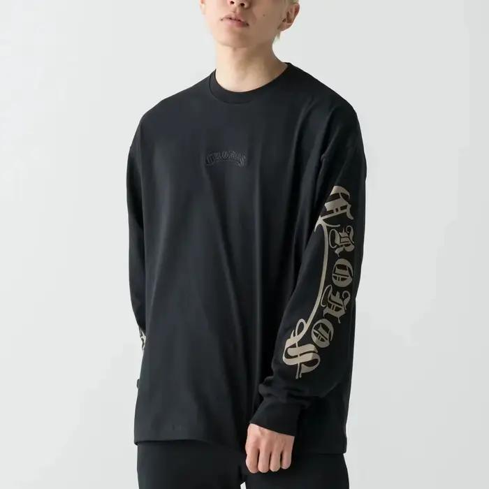 T-shirt à manches longues surdimensionné pour homme, imprimé script gothique, col rond, streetwear japonais, tee-shirt décontracté, mode, gym, fitness, entraînement