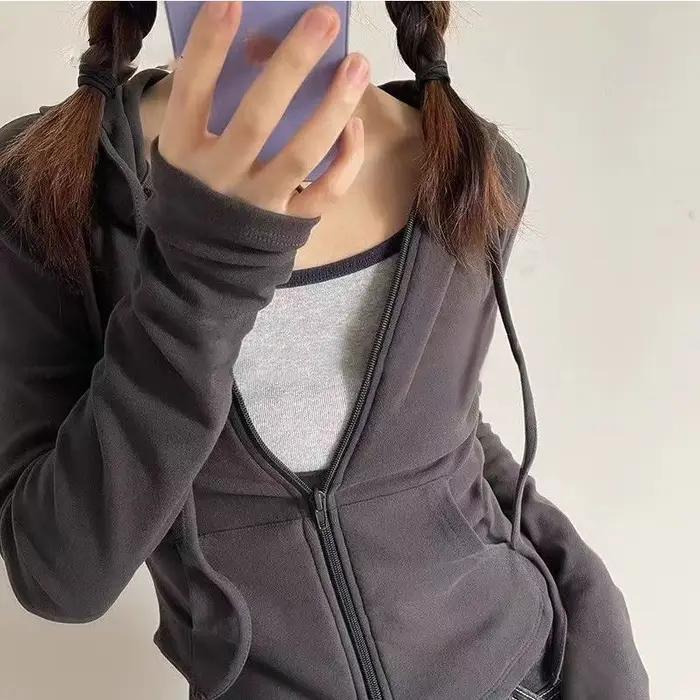 Veste courte à capuche zippée pour femme, style Y2K, streetwear, sport, printemps automne, polyester coton, col en V, poches pratiques, taille large, multiple couleurs, pour femmes adultes
