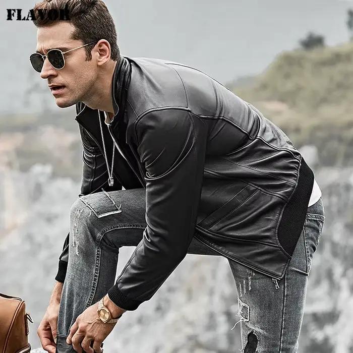 FLAVOR – veste de moto en cuir véritable pour homme, en peau d'agneau, Nappa avec col montant