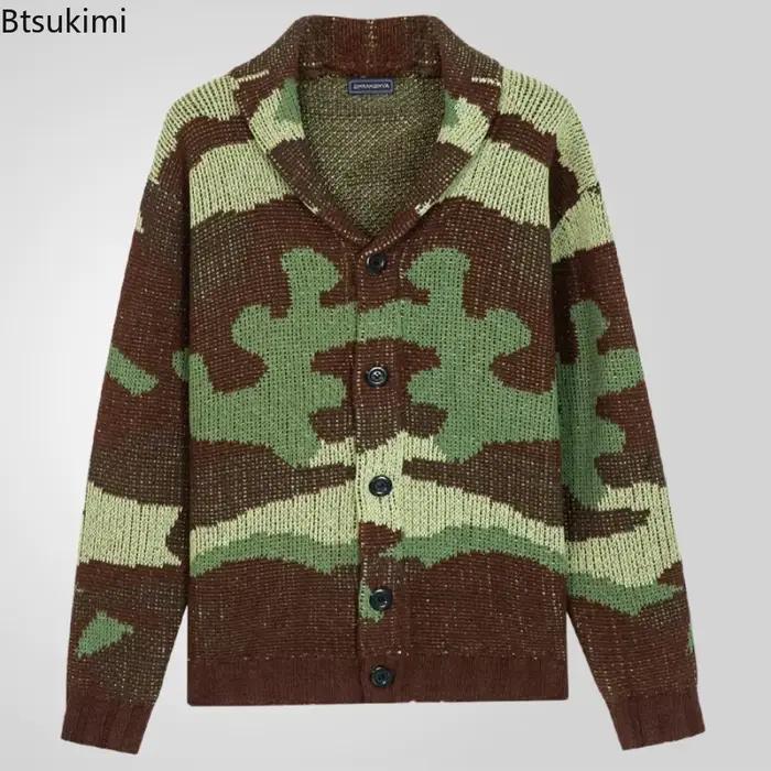 Pulls Jacquard Camouflage Vintage pour Hommes 2026 – Manteaux Tricotés à Revers Automne Hiver – Vestes Cardigan