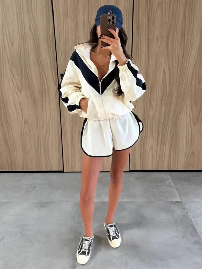 Ensemble de survêtement décontracté pour femme, coupe-vent bleu marine à rayures chevron, veste courte zippée et short à bordure contrastante, idéal pour le sport quotidien, le jogging et le style urb