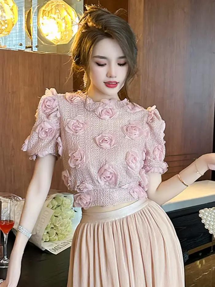 Pull court à manches bouffantes à col rond rose nickel é pour femmes