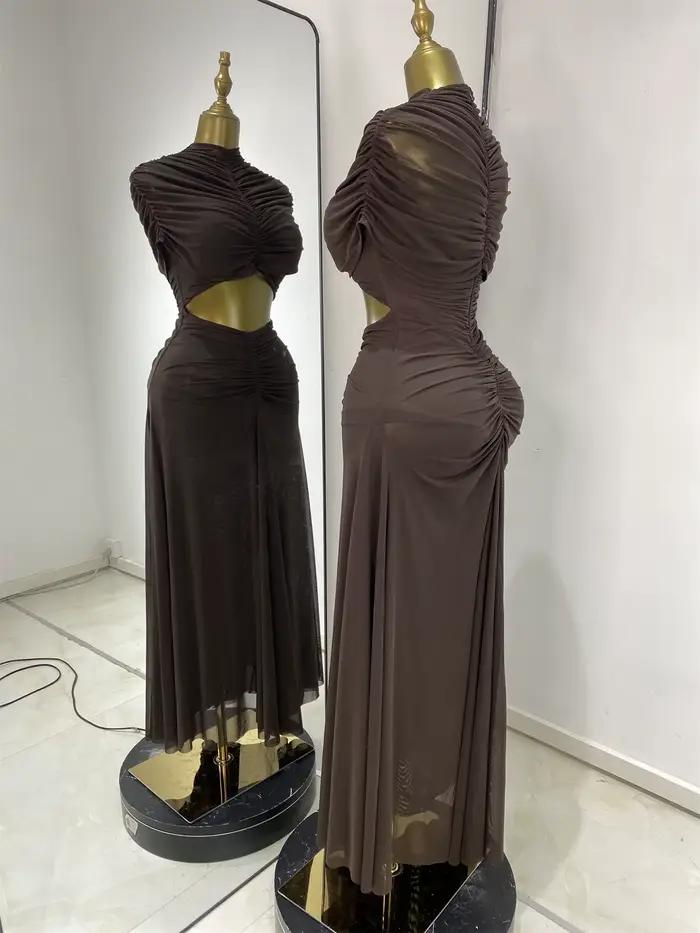 Robes de soirée femme élégante marron transparent drapé découpé Maxi robe longue douce confortable haute rue sortir robe de vacances