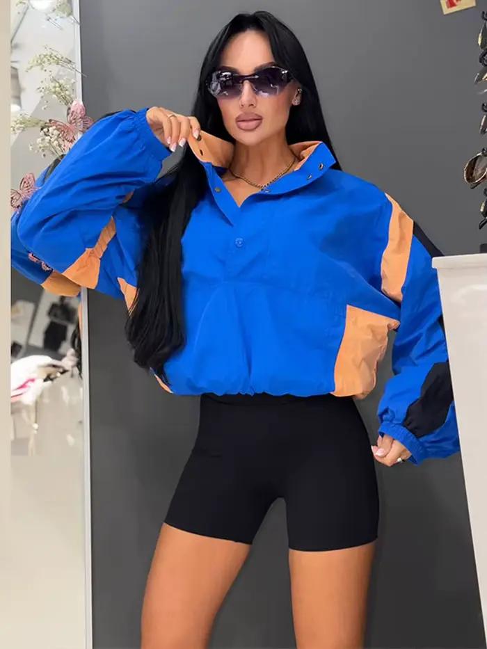 Veste pour femme à col à revers, color block, demi-boutonnage, manches élastiques, coupe oversize, style rétro, décontractée pour l'extérieur
