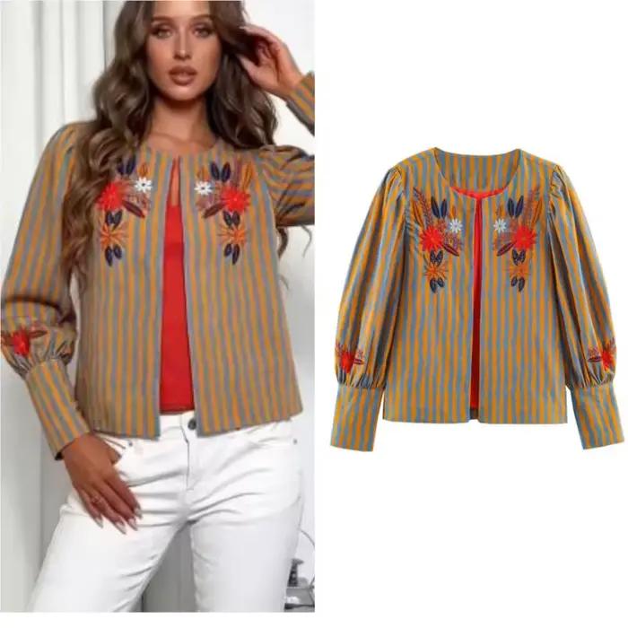 Vestes pour femmes, automne, nouvelle collection, rayées, fleurs brodées, col rond, manches longues, manteaux tendance, vêtements décontractés pour femmes, haut chic