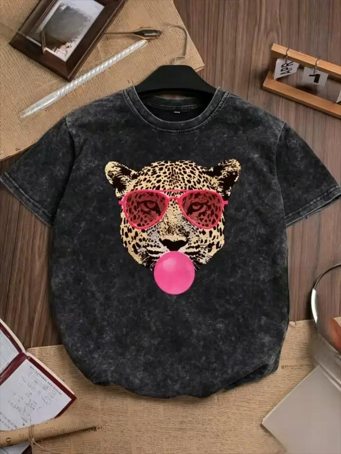 T-shirt cool à tête de léopard avec motif chewing-gum et lunettes roses