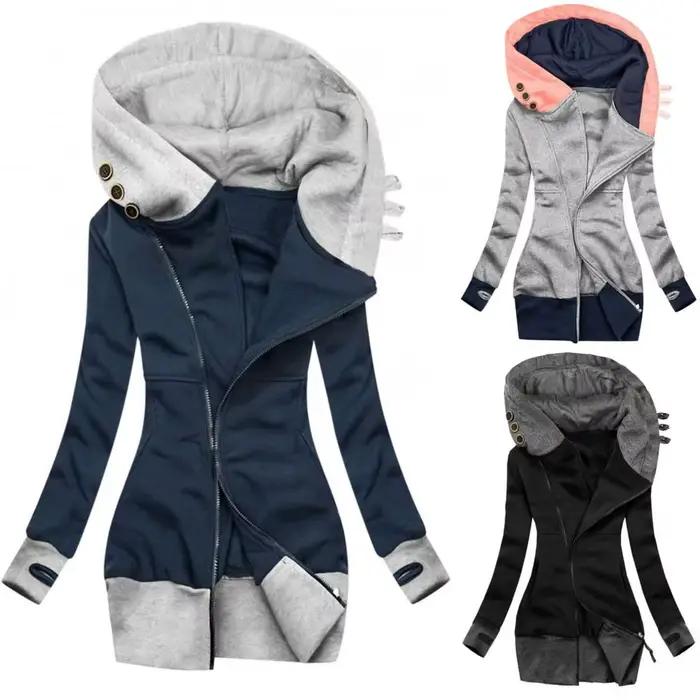 Veste à capuche mi-longue pour femme en polyester, nylon et élasthanne, style décontracté, manches longues, fermeture éclair, automne et hiver