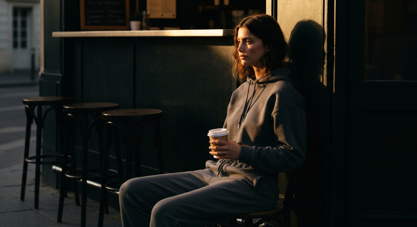 Une jeune femme en hoodie et jogging gris à la terrasse d'un café parisien